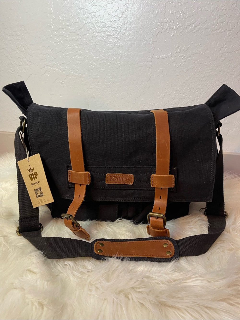 Black Canvas & Brown Leather Messenger Bag for Men
